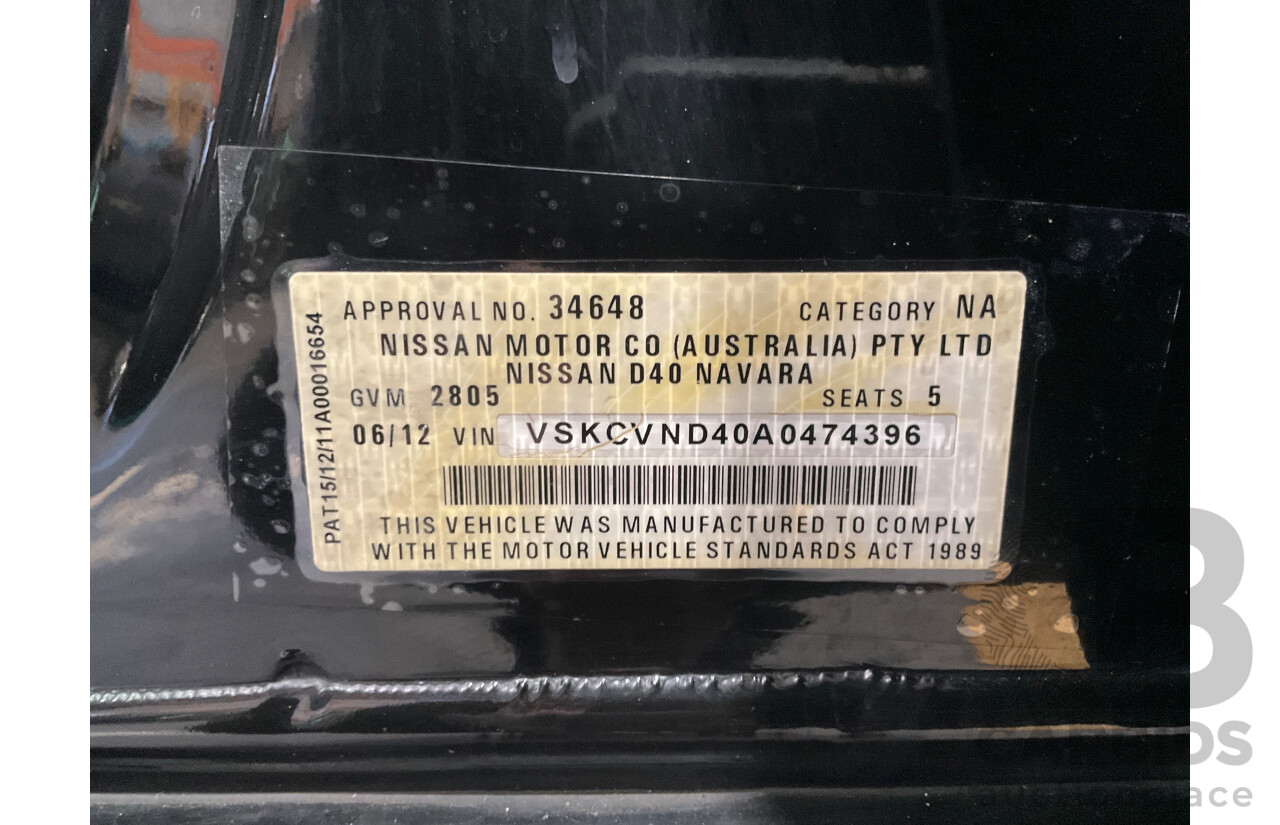 6/2012 Nissan Navara ST (4x4) D40 MY12 Dual Cab P/Up Midnight Black Metallic Turbo Diesel 2.5L