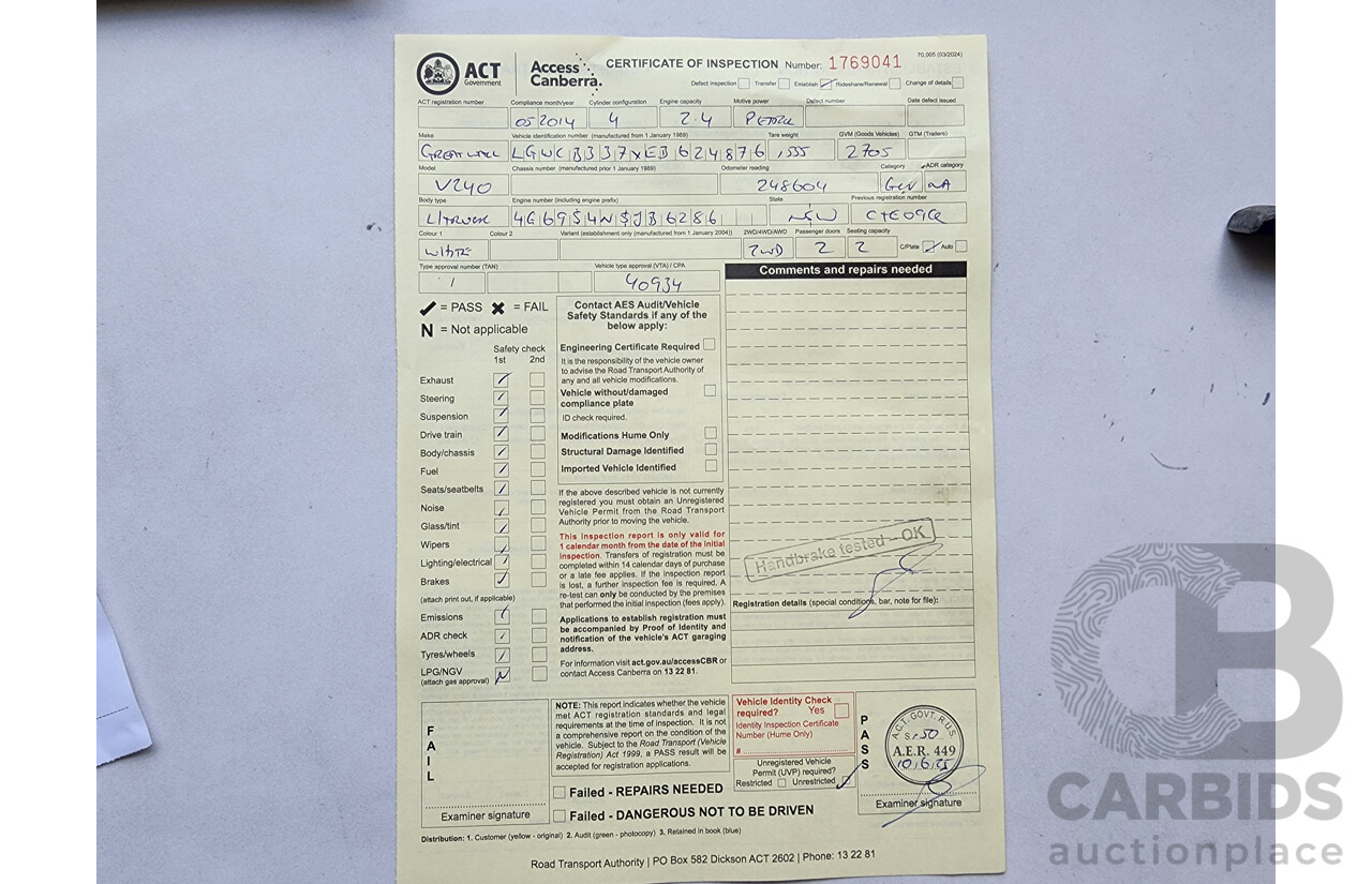 5/2014 Great Wall V240 (4x2) K2 MY11 C/Chas White 2.4L