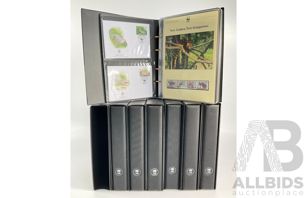 World Wide Fund for Nature 1980'-90's Seven Volume First Day Covers and Stamps Including Siberian Tigers Galapagos Islands Wildlife, Malayan Elephant, Gibraltar Red Kite, Himalayan Black Bear, Ukraine Red Breasted Goose and More