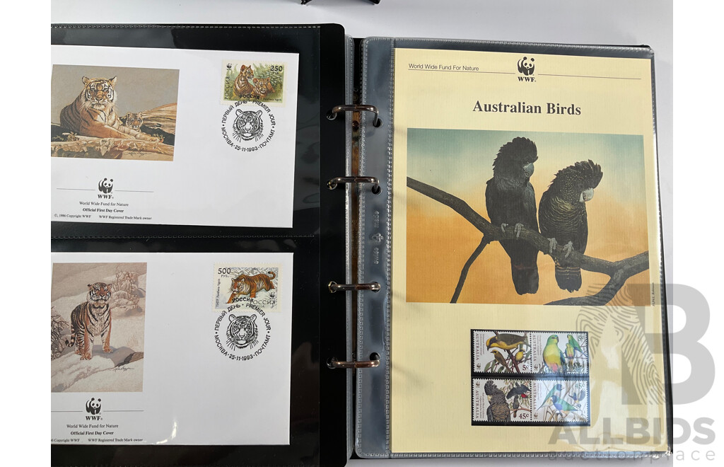 World Wide Fund for Nature 1980'-90's Seven Volume First Day Covers and Stamps Including Siberian Tigers Galapagos Islands Wildlife, Malayan Elephant, Gibraltar Red Kite, Himalayan Black Bear, Ukraine Red Breasted Goose and More