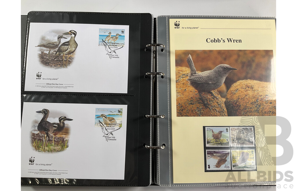 World Wide Fund for Nature 1980s'-90's Seven Volume First Day Covers and Stamps Including Spotted Eagle Ray, Samoan Land Birds, Red Panda, Pallas's Cat, Eurasian Spoonbill, Common Hippopotamus and More