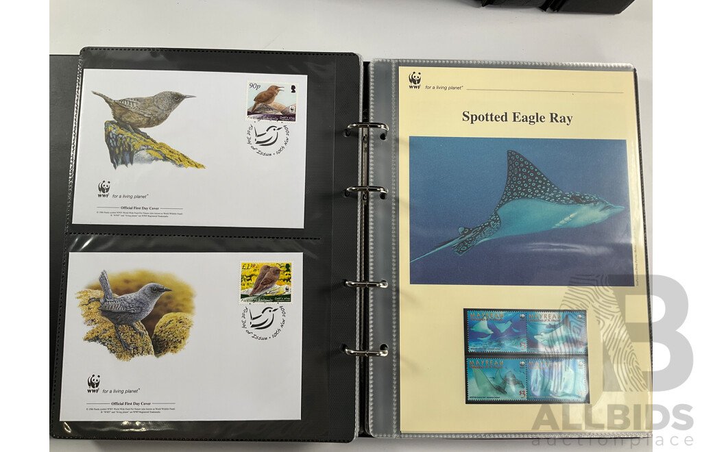 World Wide Fund for Nature 1980s'-90's Seven Volume First Day Covers and Stamps Including Spotted Eagle Ray, Samoan Land Birds, Red Panda, Pallas's Cat, Eurasian Spoonbill, Common Hippopotamus and More