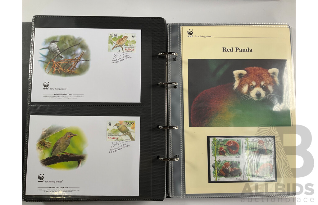 World Wide Fund for Nature 1980s'-90's Seven Volume First Day Covers and Stamps Including Spotted Eagle Ray, Samoan Land Birds, Red Panda, Pallas's Cat, Eurasian Spoonbill, Common Hippopotamus and More