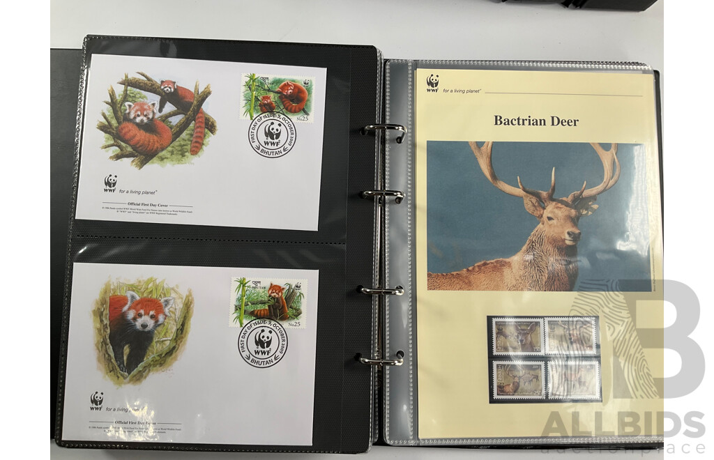 World Wide Fund for Nature 1980s'-90's Seven Volume First Day Covers and Stamps Including Spotted Eagle Ray, Samoan Land Birds, Red Panda, Pallas's Cat, Eurasian Spoonbill, Common Hippopotamus and More
