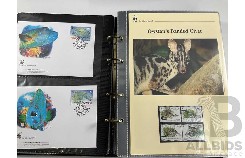 World Wide Fund for Nature 1980s'-90's Seven Volume First Day Covers and Stamps Including Spotted Eagle Ray, Samoan Land Birds, Red Panda, Pallas's Cat, Eurasian Spoonbill, Common Hippopotamus and More