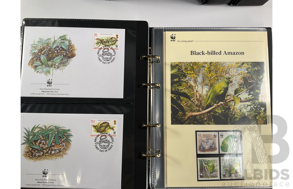 World Wide Fund for Nature 1980s'-90's Seven Volume First Day Covers and Stamps Including Spotted Eagle Ray, Samoan Land Birds, Red Panda, Pallas's Cat, Eurasian Spoonbill, Common Hippopotamus and More