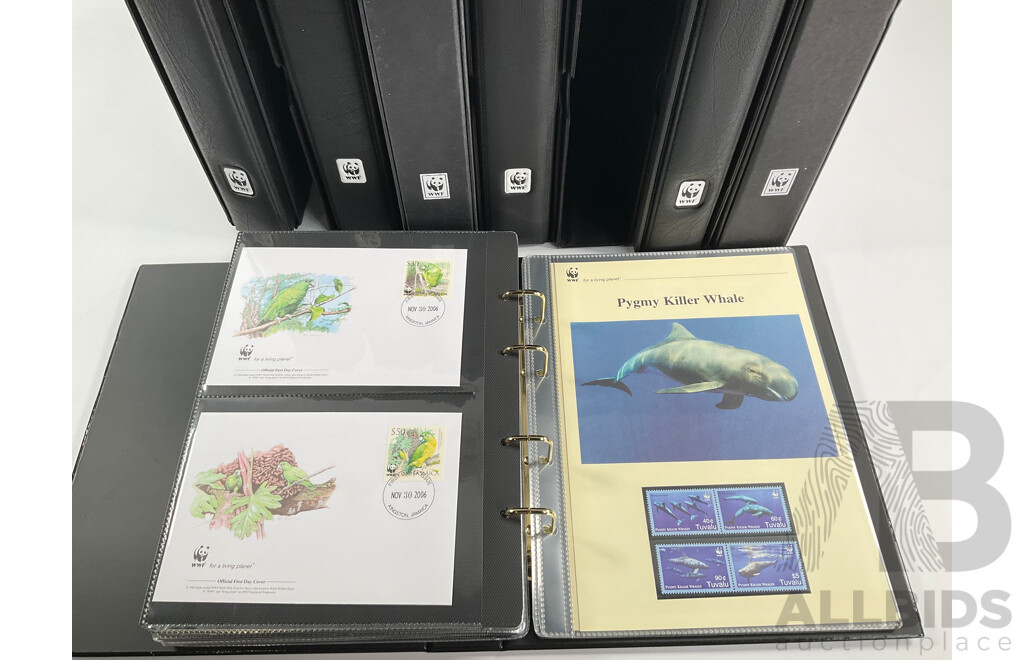 World Wide Fund for Nature 1980s'-90's Seven Volume First Day Covers and Stamps Including Spotted Eagle Ray, Samoan Land Birds, Red Panda, Pallas's Cat, Eurasian Spoonbill, Common Hippopotamus and More
