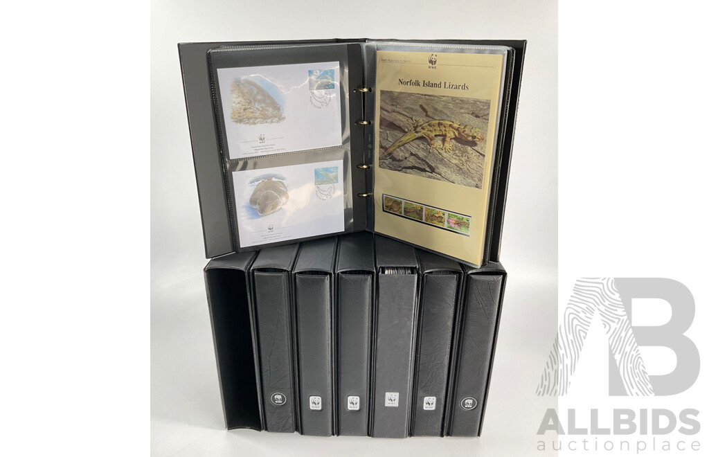 World Wide Fund for Nature 1980s'-90's Seven Volume First Day Covers and Stamps Including Norfork Islands Lizards, West Indian Iguana, Cats of Thailand, Sourthern Sea Lion, Owls of Iran, Red Knot, Pacific Tree Boa and More