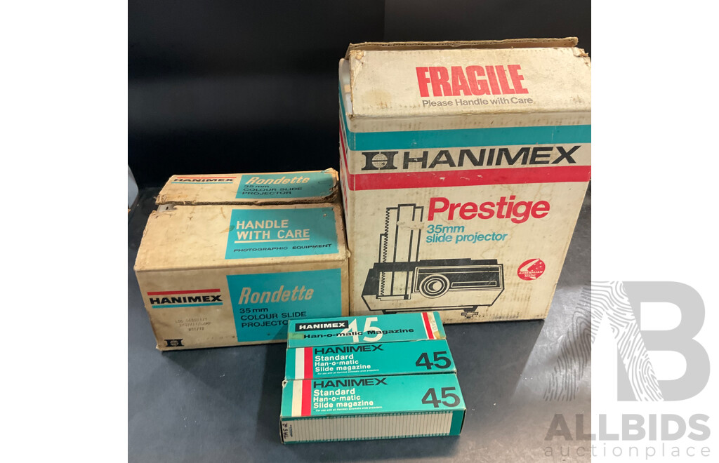 2 X Vintage HANIMEX 35mm Slide Projectors (800RF & 1800RF) with 3 X Han-o-matic Magazines