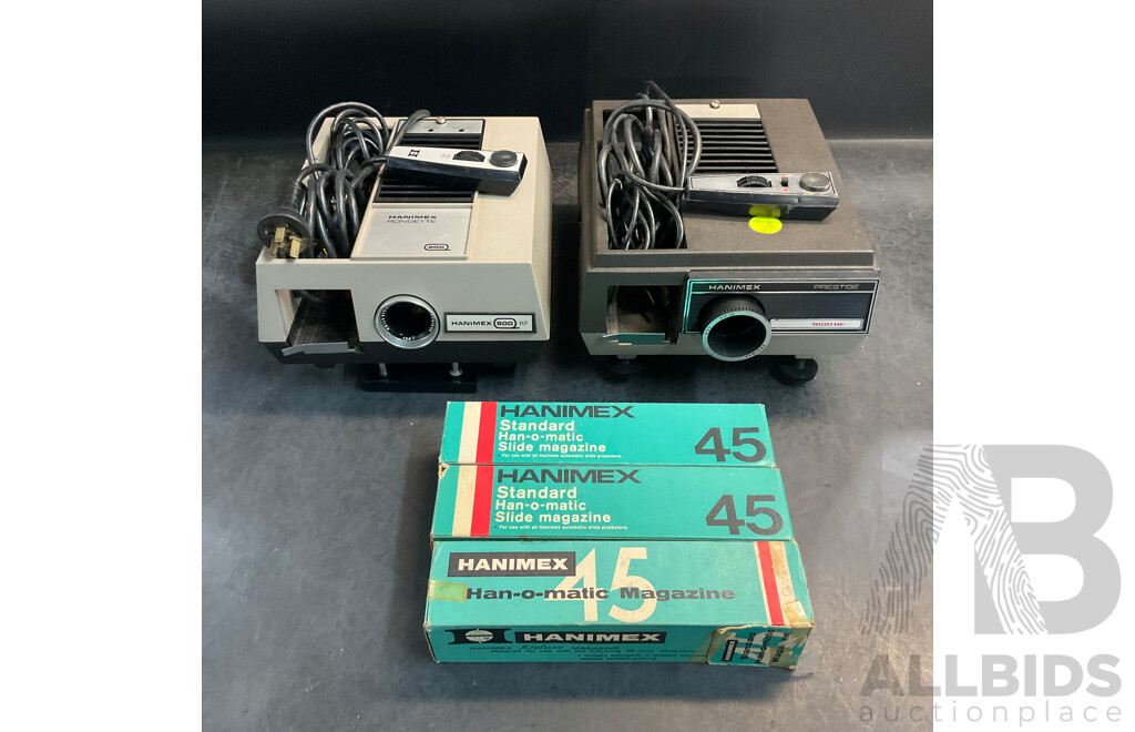 2 X Vintage HANIMEX 35mm Slide Projectors (800RF & 1800RF) with 3 X Han-o-matic Magazines