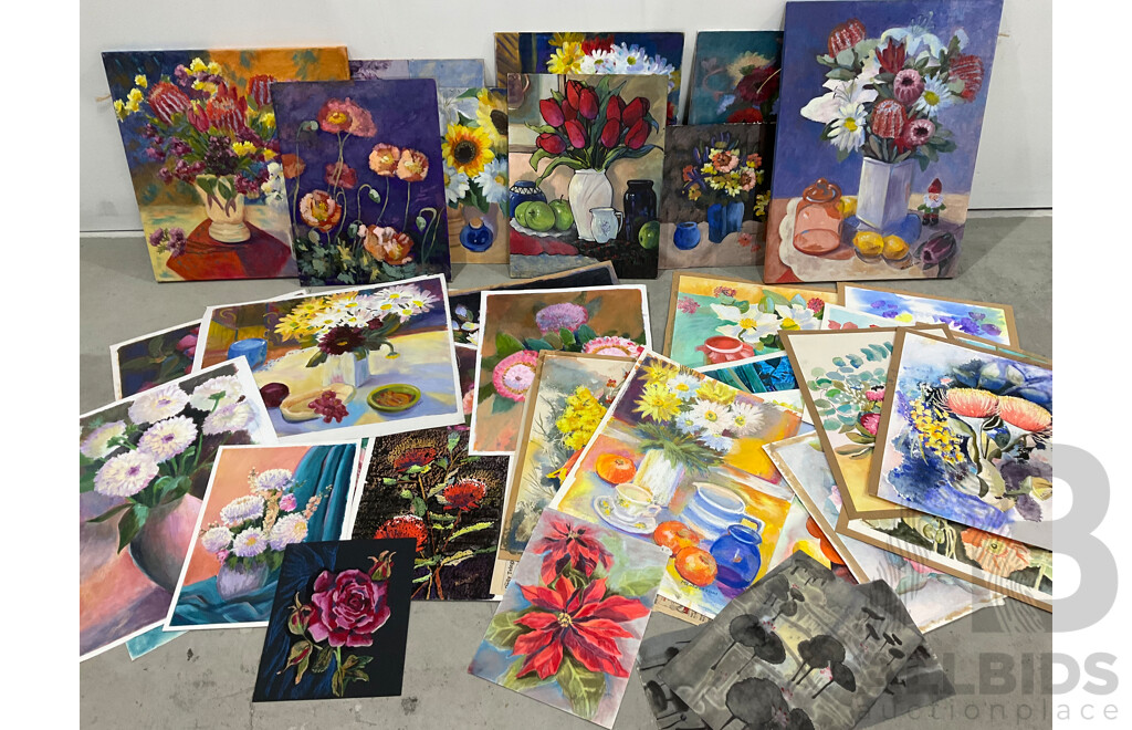 Marilyn Robertson, Floral - Mixed Media on Board, Canvas and Paper - Lot of 37