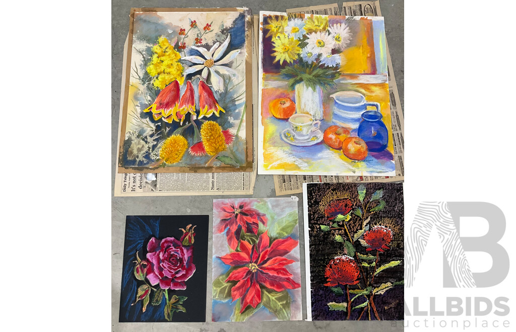 Marilyn Robertson, Floral - Mixed Media on Board, Canvas and Paper - Lot of 37