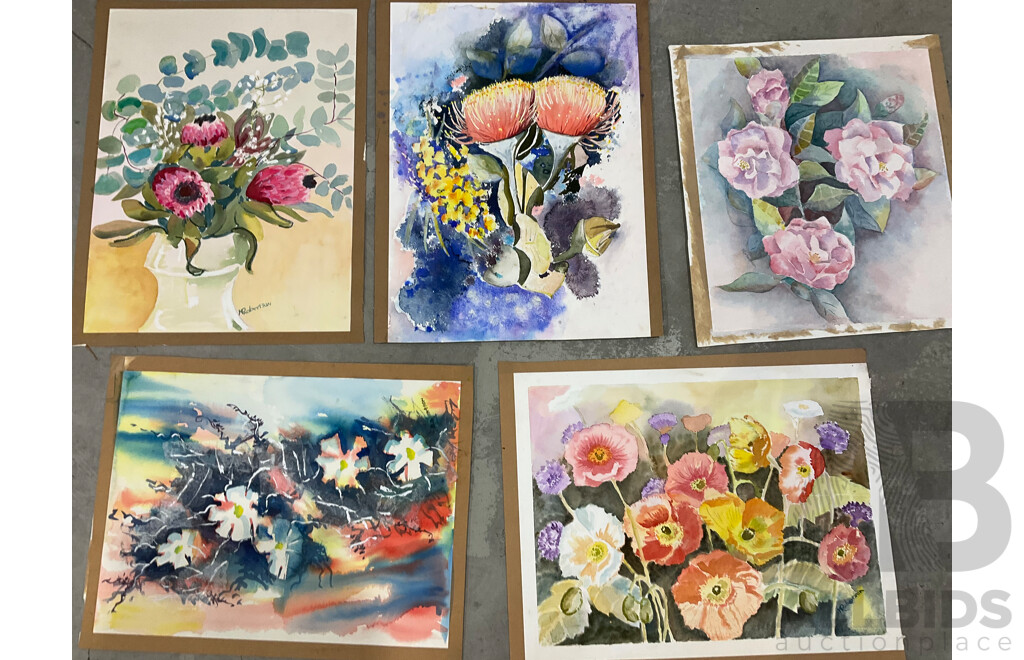 Marilyn Robertson, Floral - Mixed Media on Board, Canvas and Paper - Lot of 37