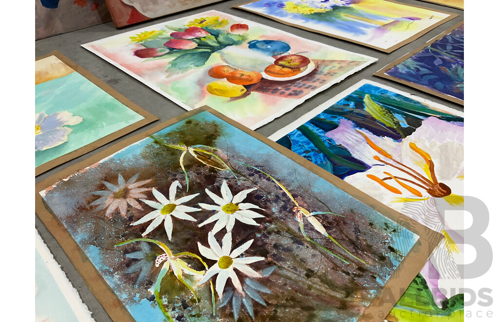 Marilyn Robertson, Floral - Mixed Media on Board, Canvas and Paper - Lot of 37