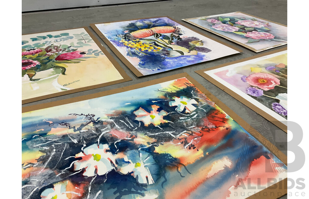 Marilyn Robertson, Floral - Mixed Media on Board, Canvas and Paper - Lot of 37