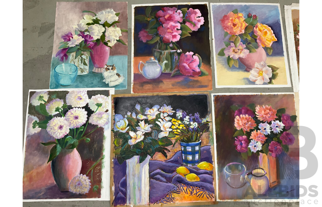 Marilyn Robertson, Floral - Mixed Media on Board, Canvas and Paper - Lot of 37