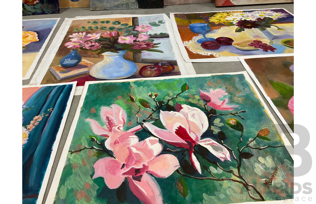 Marilyn Robertson, Floral - Mixed Media on Board, Canvas and Paper - Lot of 37