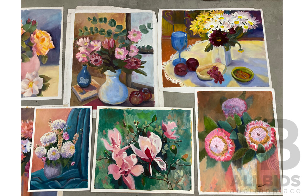 Marilyn Robertson, Floral - Mixed Media on Board, Canvas and Paper - Lot of 37