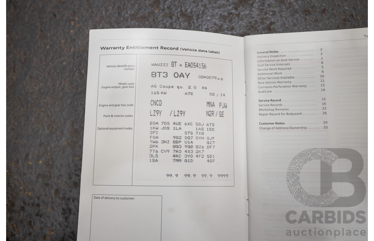 4/2014 Audi A5 2.0 TFSI Quattro (AWD) S-Line Pack 8T MY14 2d Coupe Phantom Black Turbo 2.0L