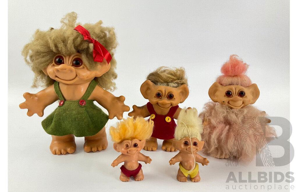 Five Vintage Troll Dolls, Including Three Thomas Dam, Made in New Zealand