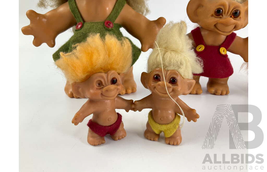 Five Vintage Troll Dolls, Including Three Thomas Dam, Made in New Zealand