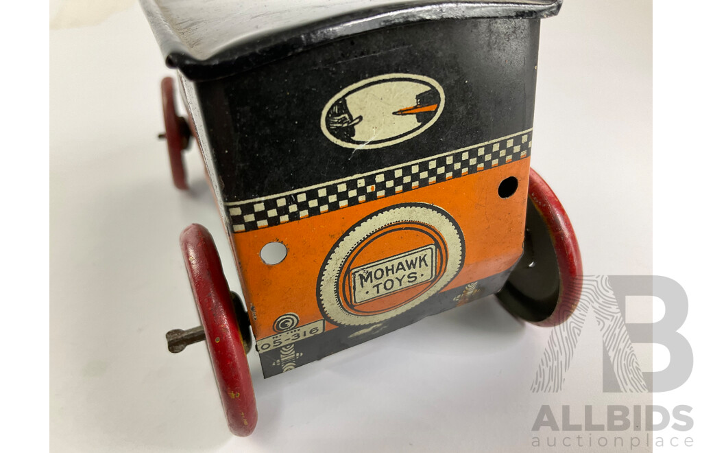 Vintage Mohawk Toys Pressed Steel Clockwork Checker Taxi, Made in USA