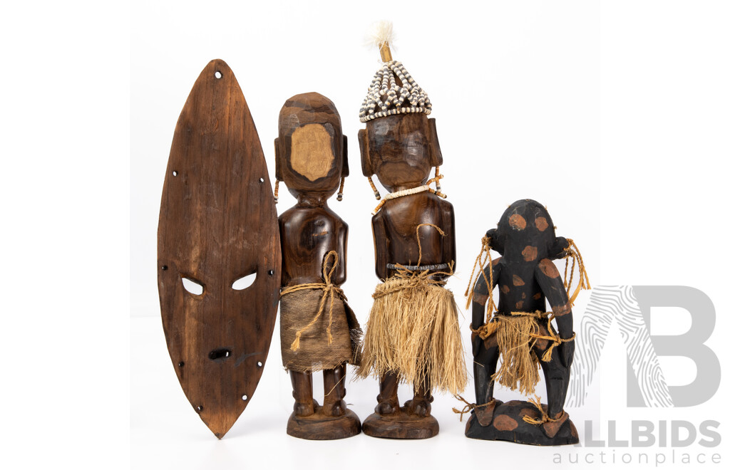 Collection of Three Carved African Figures and a Painted Mask