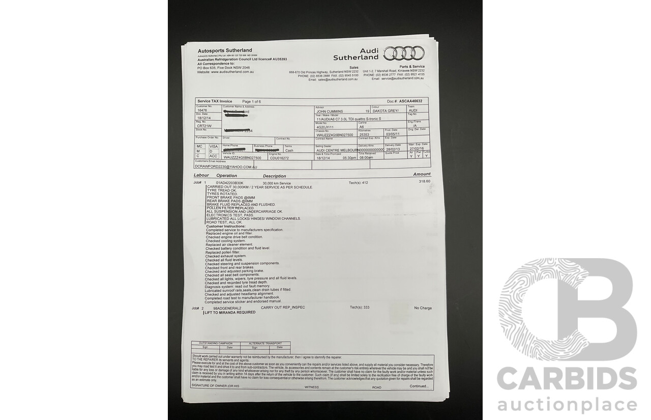 3/2012 Audi A6 3.0 TDi S-Line Quattro 4GL 4d Sedan Dakota Grey Metallic Turbo Diesel V6 3.0L