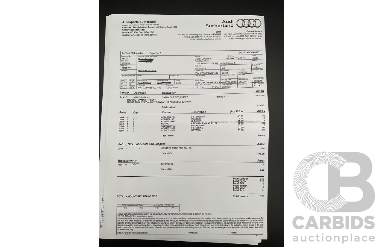 3/2012 Audi A6 3.0 TDi S-Line Quattro 4GL 4d Sedan Dakota Grey Metallic Turbo Diesel V6 3.0L