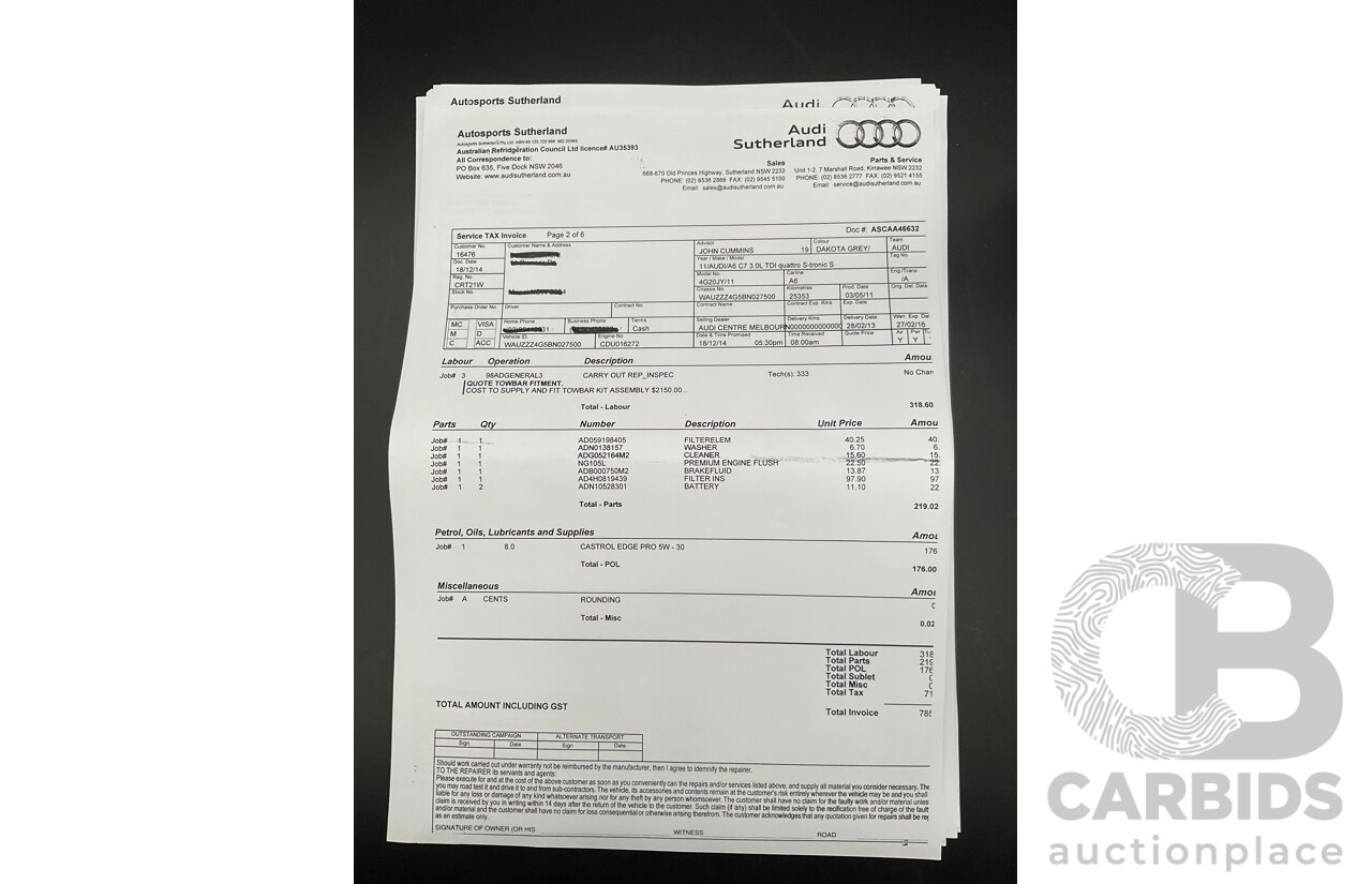 3/2012 Audi A6 3.0 TDi S-Line Quattro 4GL 4d Sedan Dakota Grey Metallic Turbo Diesel V6 3.0L