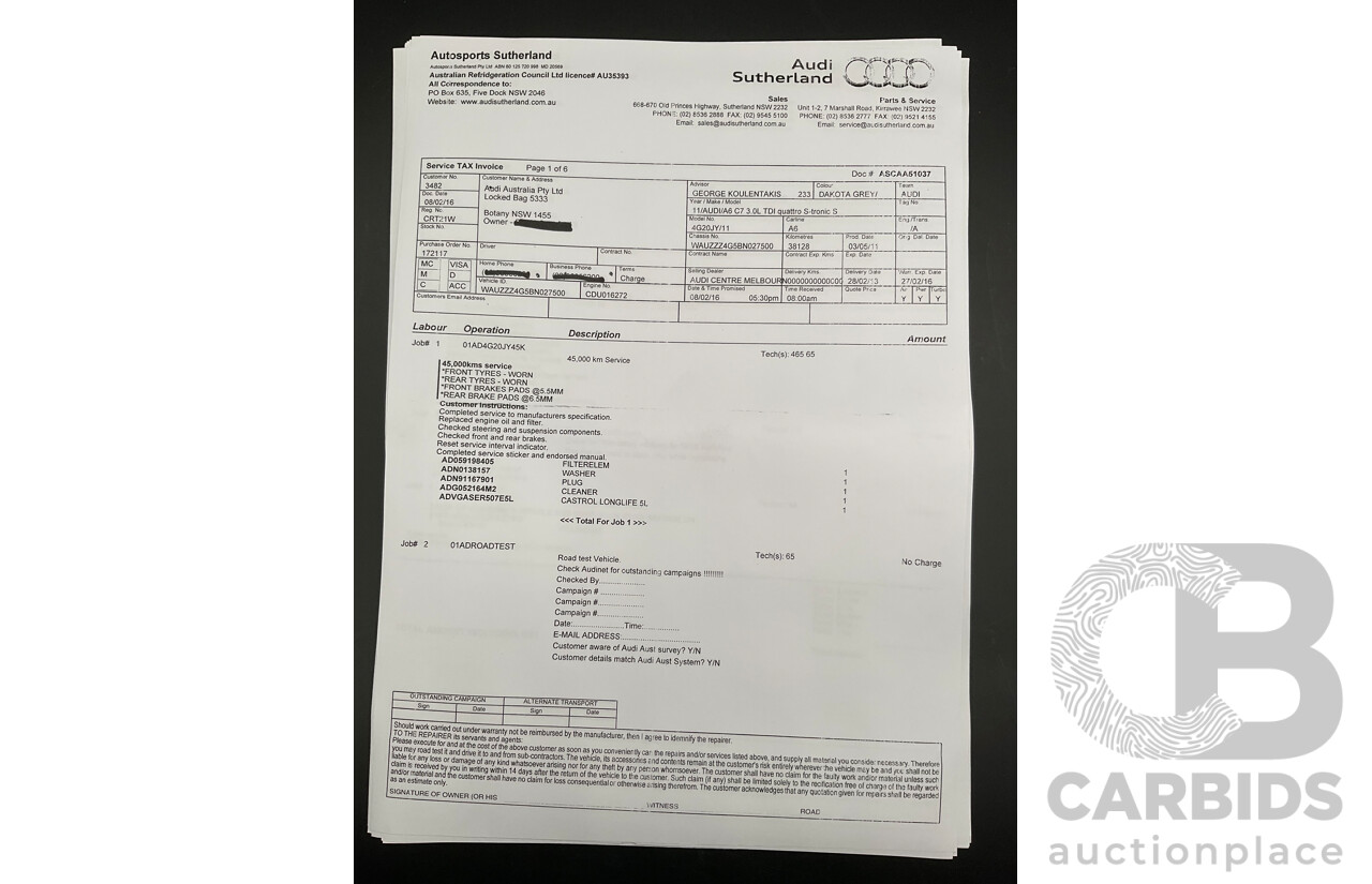 3/2012 Audi A6 3.0 TDi S-Line Quattro 4GL 4d Sedan Dakota Grey Metallic Turbo Diesel V6 3.0L