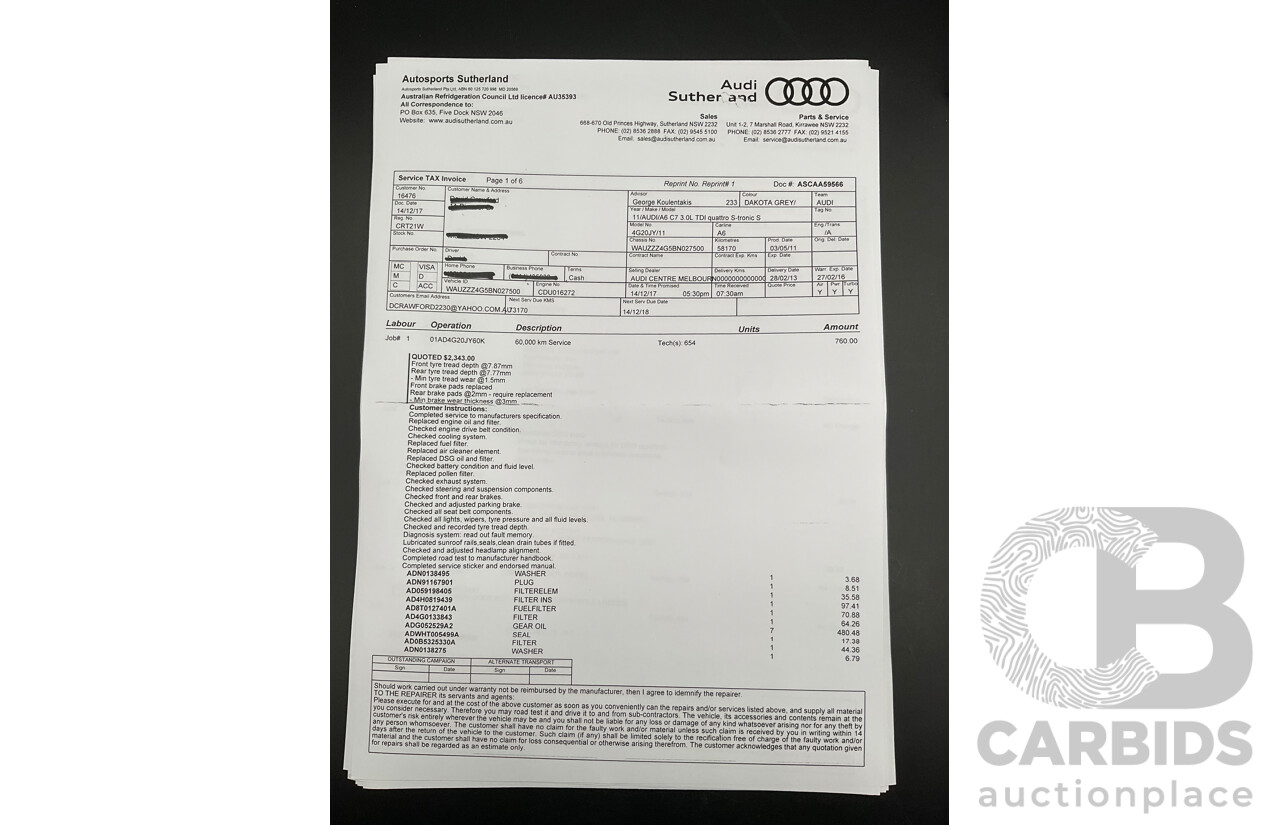 3/2012 Audi A6 3.0 TDi S-Line Quattro 4GL 4d Sedan Dakota Grey Metallic Turbo Diesel V6 3.0L