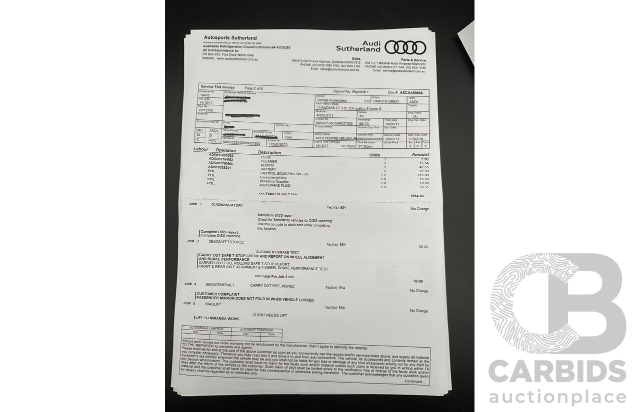 3/2012 Audi A6 3.0 TDi S-Line Quattro 4GL 4d Sedan Dakota Grey Metallic Turbo Diesel V6 3.0L