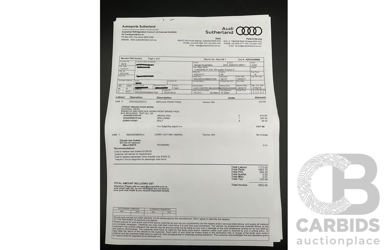 3/2012 Audi A6 3.0 TDi S-Line Quattro 4GL 4d Sedan Dakota Grey Metallic Turbo Diesel V6 3.0L