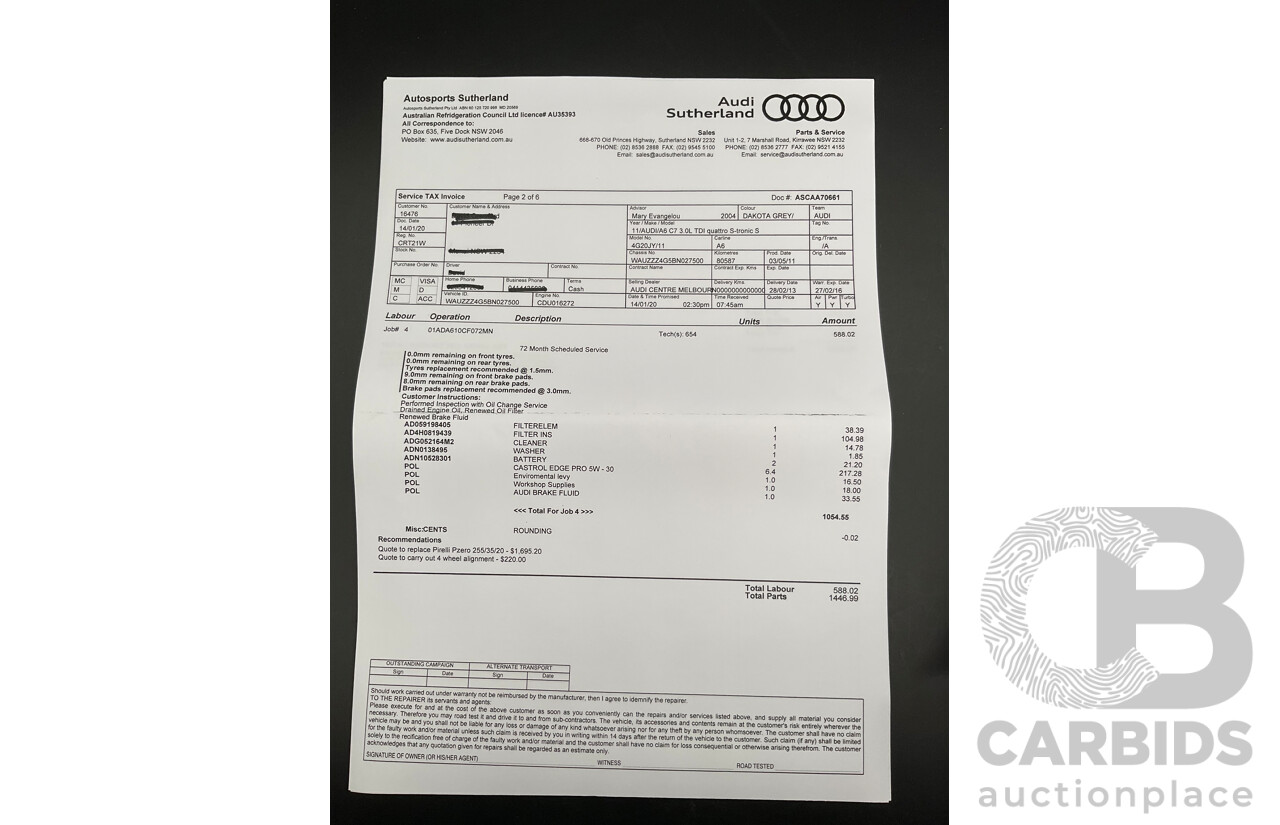 3/2012 Audi A6 3.0 TDi S-Line Quattro 4GL 4d Sedan Dakota Grey Metallic Turbo Diesel V6 3.0L