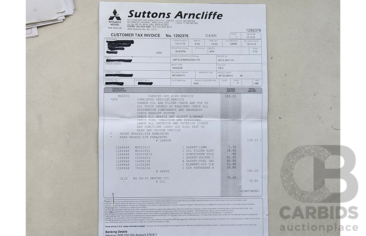 1/2013 Mitsubishi ASX Aspire (4wd) XB MY13 4d Wagon Red 1.8L