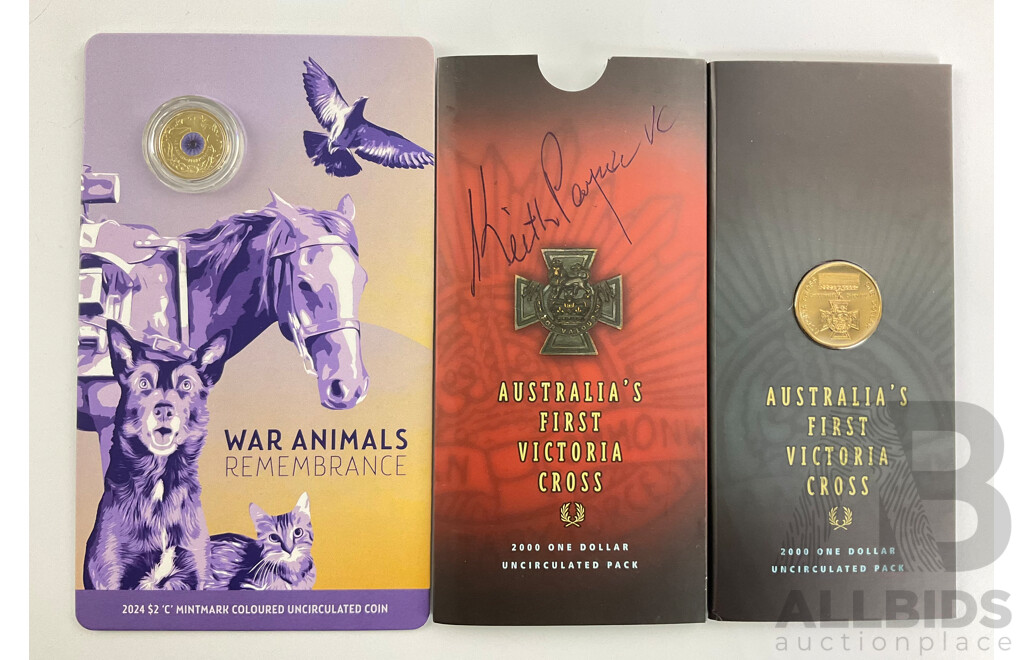 Australian Commemorative Coins, 2000 One Dollar First Victoria Cross Signed by Keith Payne, 2024 Two Dollar War Animals Remembrance