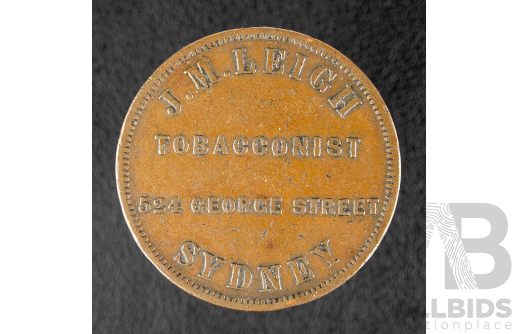 Australian Circa 1852 J.M. Leigh One Penny Token, Tobacconist Sydney