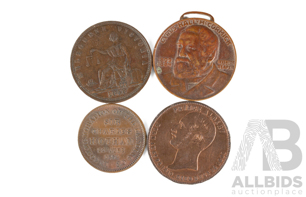 Antique Merchant Tokens Including Australian T.W. Thomas & Co Grocers, Melbourne Circa 1854, New Zealand S. Hague Smith Ironmonger Merchant Auckland, Circa 1862, Cyrus Hall McCormick Harvester Medal 1931