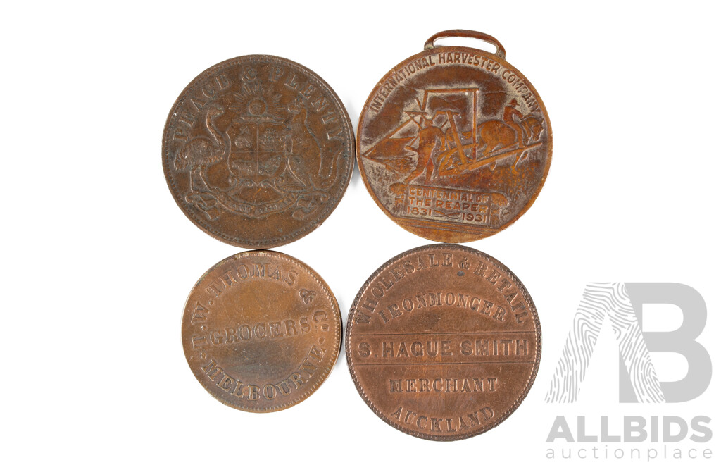 Antique Merchant Tokens Including Australian T.W. Thomas & Co Grocers, Melbourne Circa 1854, New Zealand S. Hague Smith Ironmonger Merchant Auckland, Circa 1862, Cyrus Hall McCormick Harvester Medal 1931