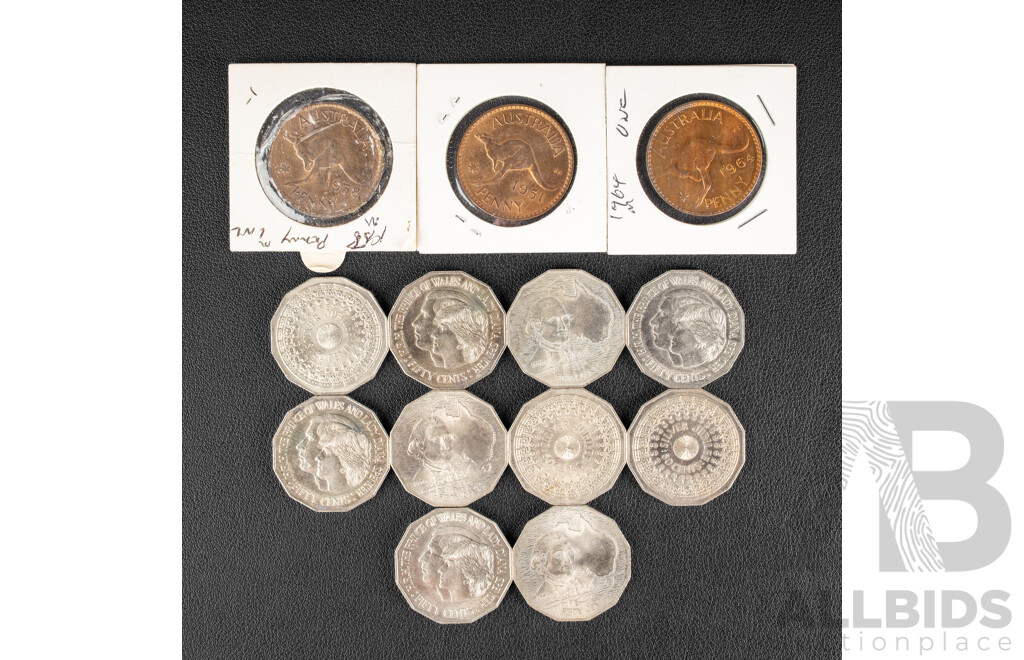 Collection of Australian Coins Including High Grade Pennies 1951, 1964, 1958 Commemorative Fifty Cents 1970 Cook(3) 1977 Jubilee(3) 1981 Charles and Diana(4)
