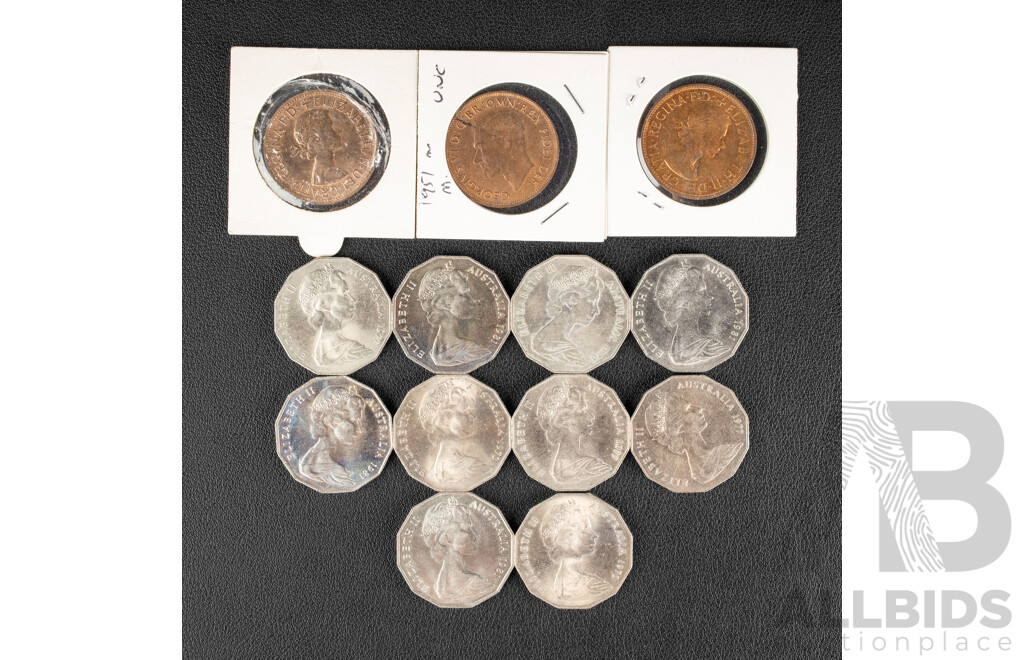 Collection of Australian Coins Including High Grade Pennies 1951, 1964, 1958 Commemorative Fifty Cents 1970 Cook(3) 1977 Jubilee(3) 1981 Charles and Diana(4)