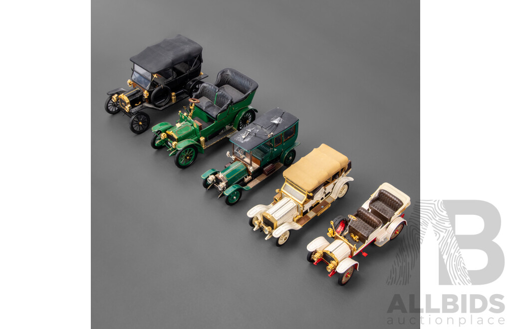 Five Franklin Mint Diecast Classic Cars Including 1913 Ford Model T, 1907 Rolls Royce Silver Ghost, 1911 Rolls Royce Tourer, 1905 Rolls Royce Open Top, 1904 Mercedes Simplex
