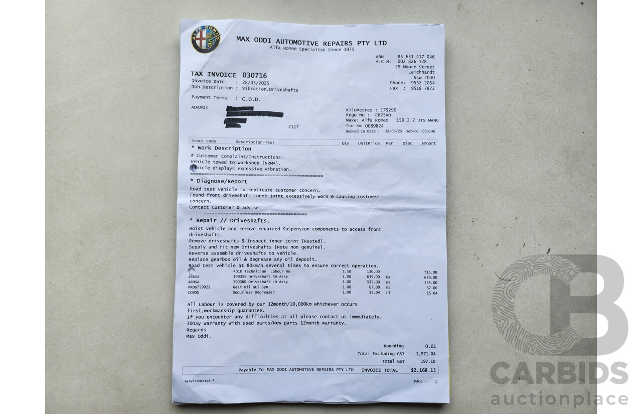 4/2010 Alfa Romeo 159 2.2 JTS Ti MY09 4d Sedan Black 2.2L