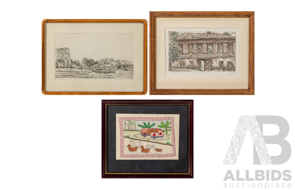 Artists Unknown, (20th Century, Russia), Scene From Moscow River (1988) & House (1990), Pair of Lovely Original Etchings [One Hand Coloured], 25 x 31 cm (largest frame) (3)