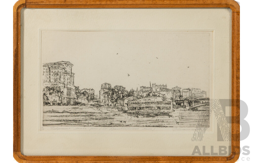 Artists Unknown, (20th Century, Russia), Scene From Moscow River (1988) & House (1990), Pair of Lovely Original Etchings [One Hand Coloured], 25 x 31 cm (largest frame) (3)