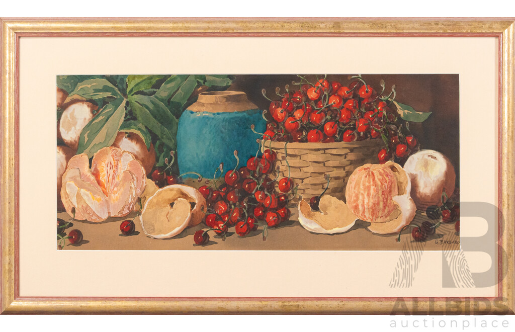 Giovanni Barbaro, (Italian, 19th/Early 20th Century, 1865-1915), Summer Fruits with Blue Vase, Beautiful Antique Original Watercolour, 48 x 82 cm (frame)