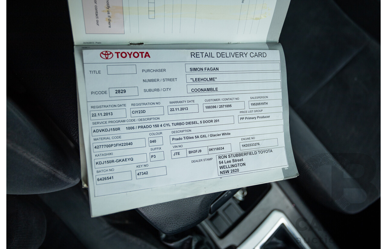 10/2013 Toyota Landcruiser Prado GXL (4x4) KDJ150R 11 UPGRADE 4d Wagon White 3.0L - 7 Seats