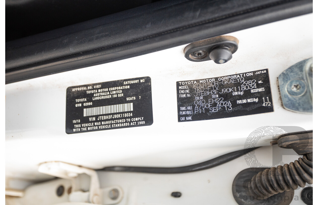 10/2013 Toyota Landcruiser Prado GXL (4x4) KDJ150R 11 UPGRADE 4d Wagon White 3.0L - 7 Seats