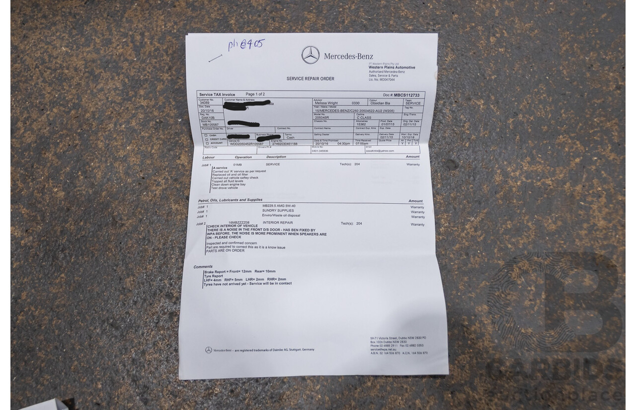 8/2015 Mercedes Benz C250 AMG Line W205 MY16 4d Sedan Obsidian Black Turbo 2.0L